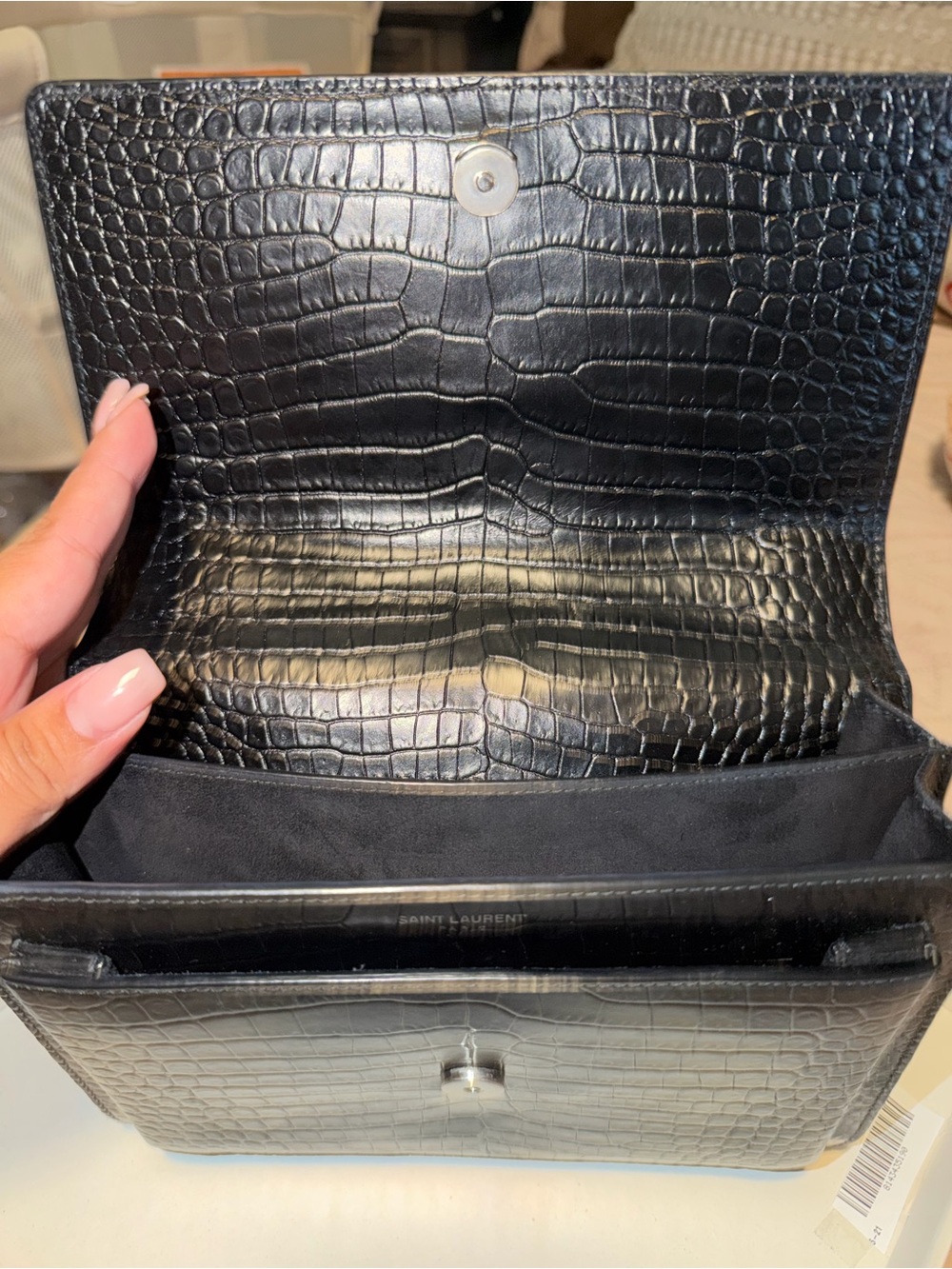 Saint Laurent Sunset Black Croc-Embossed Shoulder Bag with Silver Chain - Picture 6 of 9